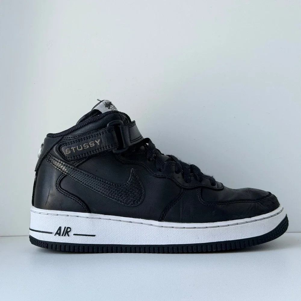 Stussy x Nike Air Force 1 Mid Mens 6 Black Snakeskin Retro Leather Sneakers